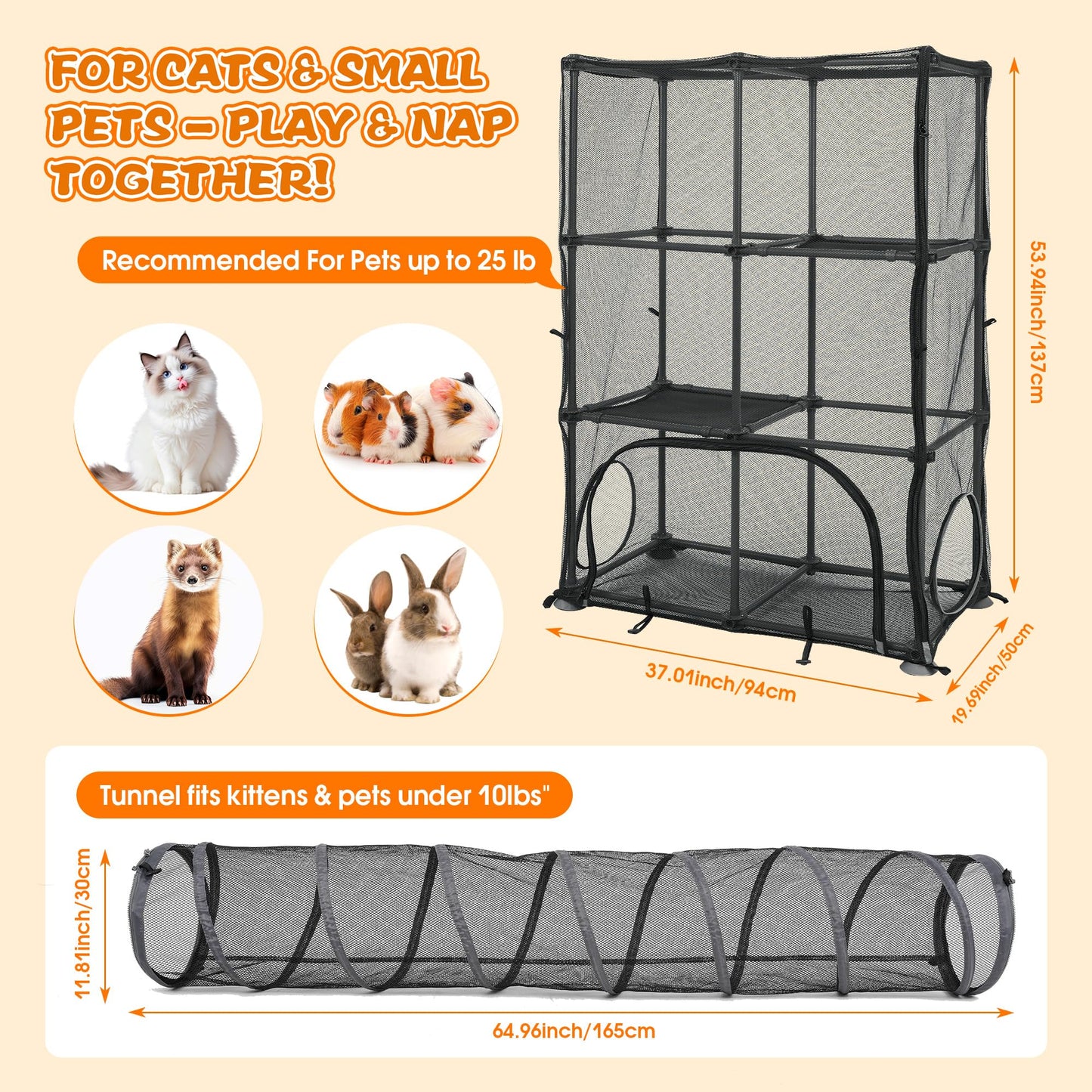 Catio Outdoor Cat Enclosure for Cats & Small Animals, Pet Playpen Cat Climber with Removable Pet Tunnel for Indoor/Outdoor Use
