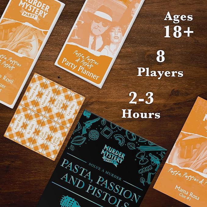 Murder Mystery Party Pasta Passion &amp Pistols – Murder Mystery Dinner Party Game for Adults – Interactive Crime Solving Role Play Game Night Kit with Invitations &amp Clues – Ages 18+