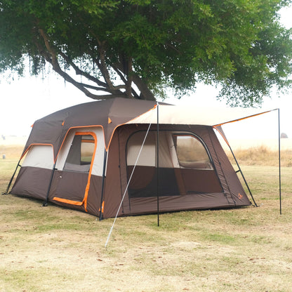 KTT Extra Large Tent 12 Person,Family Cabin Tents,2 Rooms,3 Doors and 3 Windows with Mesh,Straight Wall,Waterproof,Double Layer,Big Tent for Outdoor,Picnic,Camping,Family Gathering(Brown)