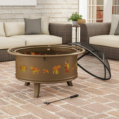 Pure Garden 50-LG1202 32” Outdoor Deep Fire Pit-Round Large Steel Bowl with Bear Cutouts, Mesh Spark Screen, Log Poker & Storage Cover-Patio Wood Burning, Antique Gold