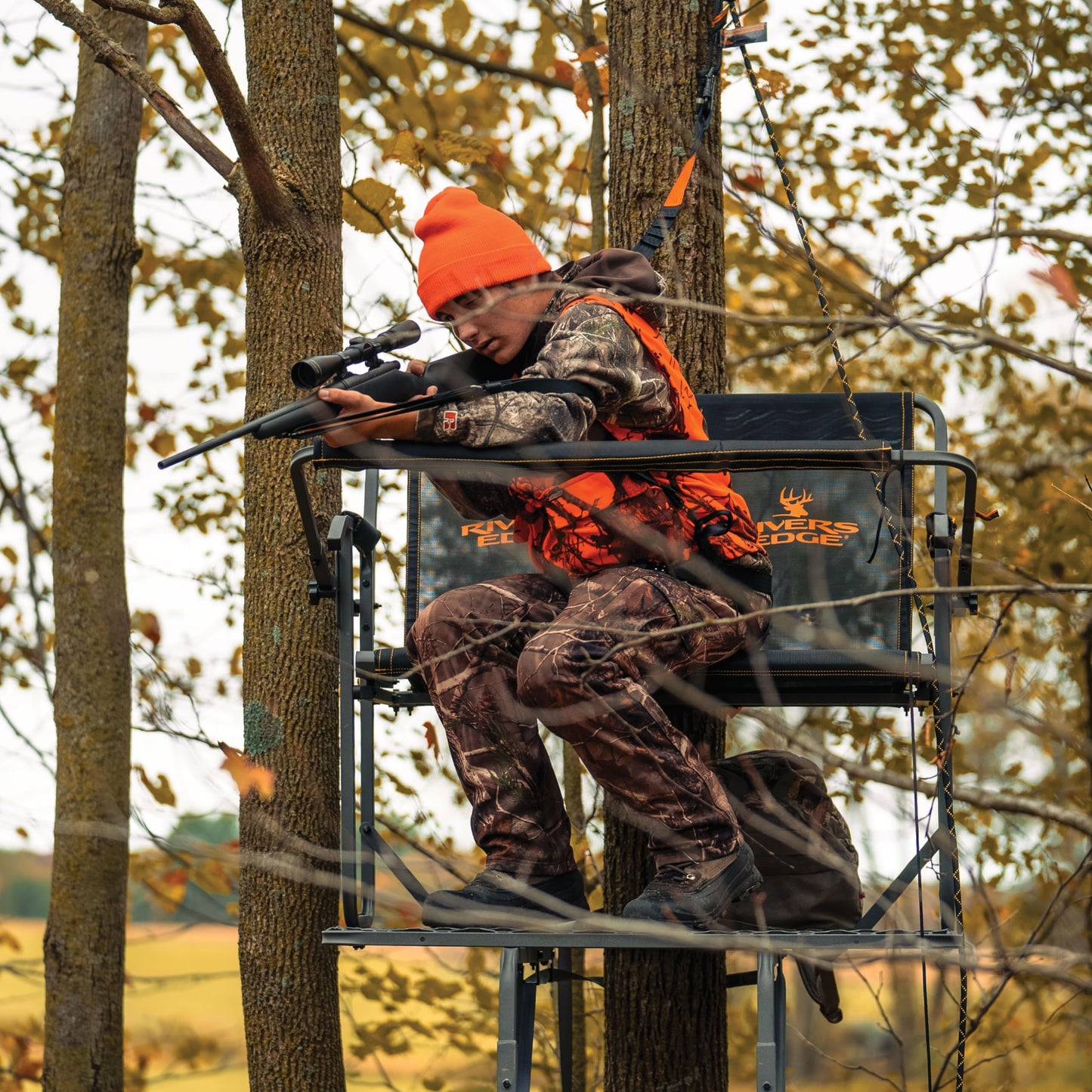 Rivers Edge TwoPlex LS 2-Man Ladder Stand, 17’1” Height, Lockdown Strapping System, Flip-Up TearTuff Mesh Bench Seat, 40” Wide Platform, 2-Way Adjustable Shooting Rail, RE669