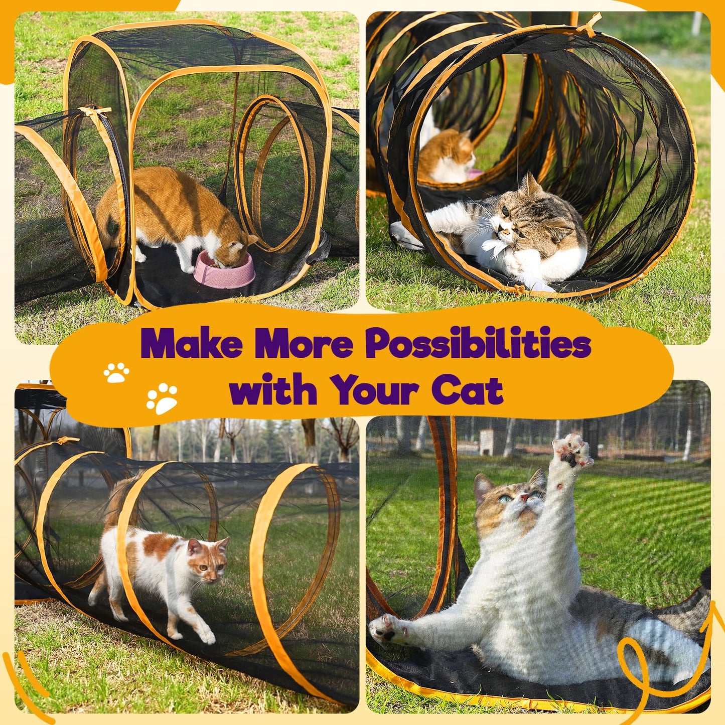 2-Tier Cat Catio with Tunnel, Outdoor Catio Cat Enclosure, Portable Cat Playpen for Indoor Outdoor Use, Breathable Mesh, Foldable Travel Cat Cage for Cats, Kittens