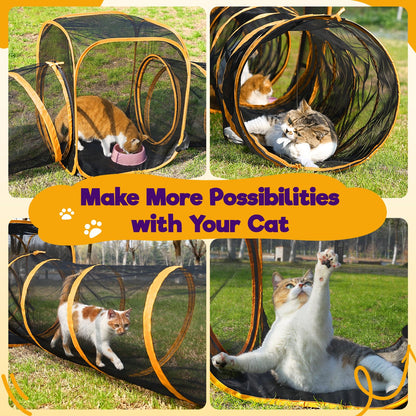 2-Tier Cat Catio with Tunnel, Outdoor Catio Cat Enclosure, Portable Cat Playpen for Indoor Outdoor Use, Breathable Mesh, Foldable Travel Cat Cage for Cats, Kittens