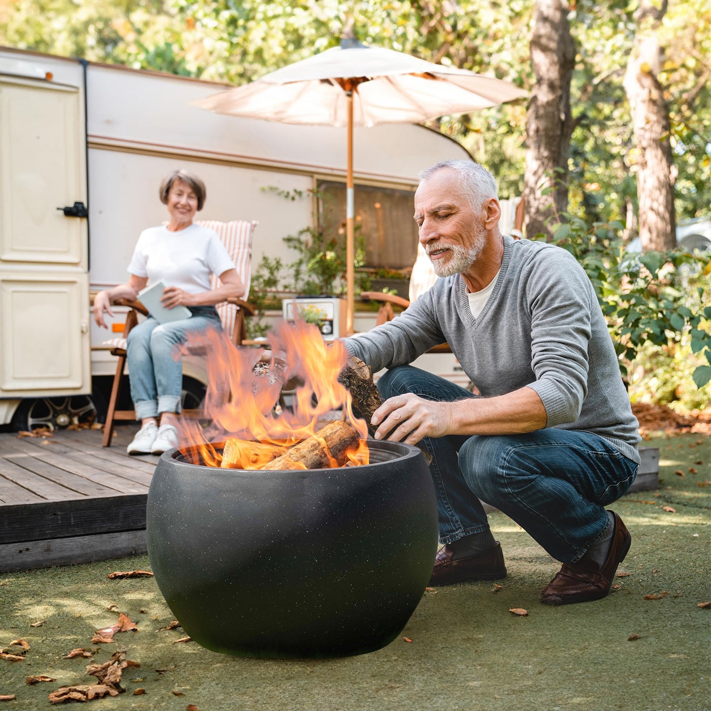 Outdoor Fire Pit - 24” Round Faux Concrete Firepit - Wood Burning Fire Pit with Poker, Screen, Cover - Wood Fire Pits for Outside Patio by Pure Garden