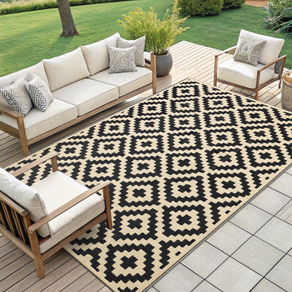 Smiry Waterproof Outdoor Rug 9X18 ft, Reversible Plastic Straw Patio Camping Rugs, Outdoor Indoor RV Mat Carpet for Patio, Outside Entry, Backyard, Deck, Bench, Picnic, Camper, Black & Beige
