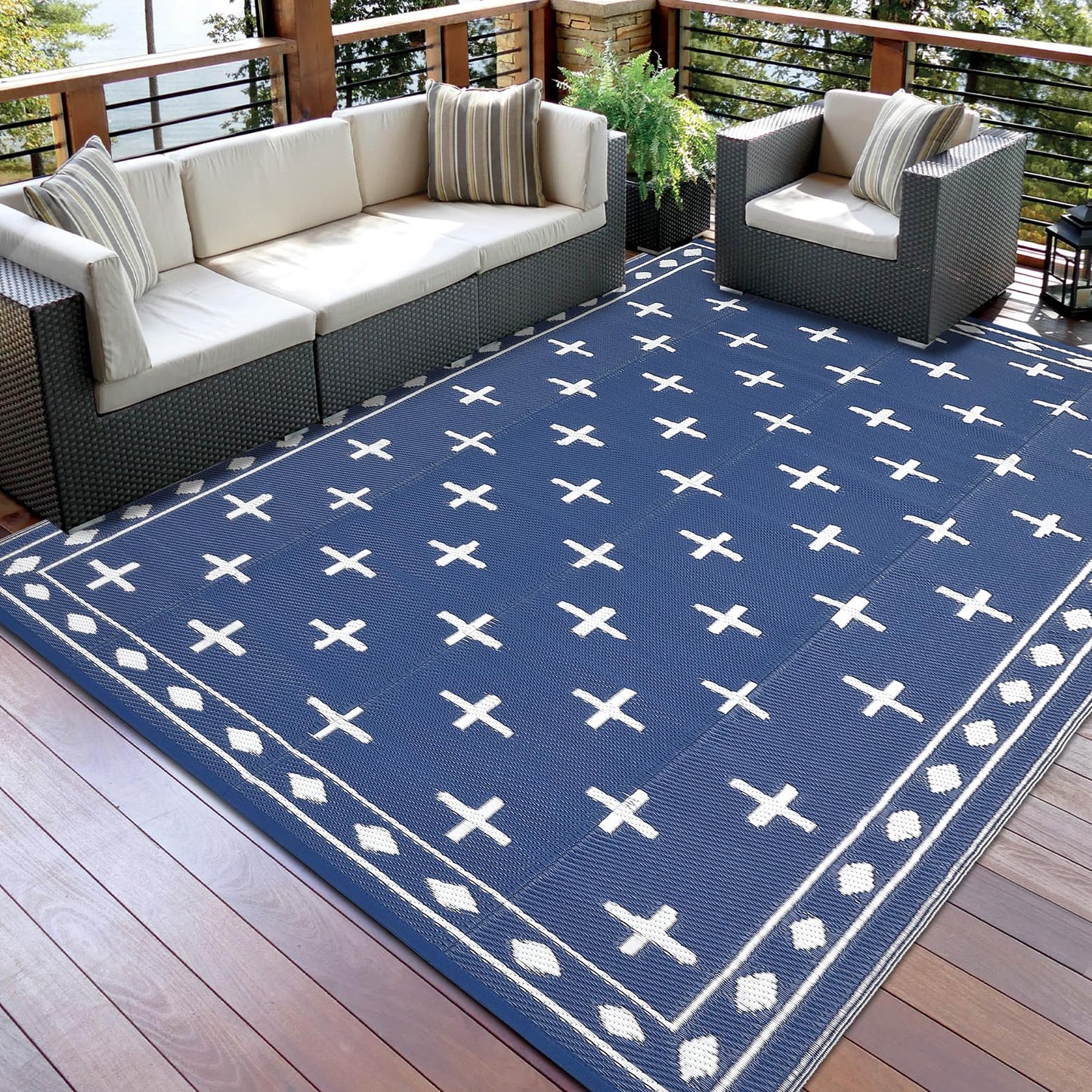 Garvee Large 9x18 Outdoor Area Rug, Waterproof Plastic Straw Mat with Framed Geometric Design for RV Awning, Patio, Deck, Garden, Camping, Beach and Backyard,Dark Blue