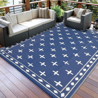 Garvee Large 9x18 Outdoor Area Rug, Waterproof Plastic Straw Mat with Framed Geometric Design for RV Awning, Patio, Deck, Garden, Camping, Beach and Backyard,Dark Blue