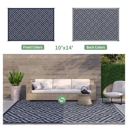 GENIMO Outdoor Rug for Patio Clearance, 10'x14' Waterproof Camping Mat, Reversible Plastic Straw Rugs for RV, Camper, Balcony, Backyard, Picnic, Deck (Blue & Grey)