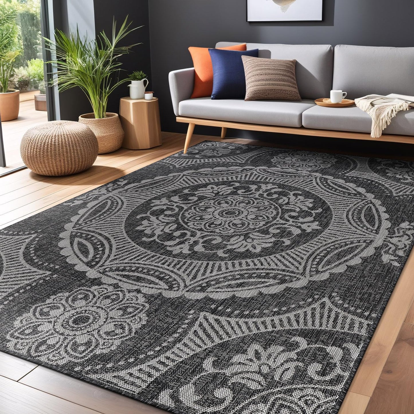 Luul Home Medallion Outdoor Rug 9x12 Washable Outside Carpet for Indoor Patio Porch Waterproof Easy Cleaning Non Shedding Area Rugs Dark Gray 9 x 12