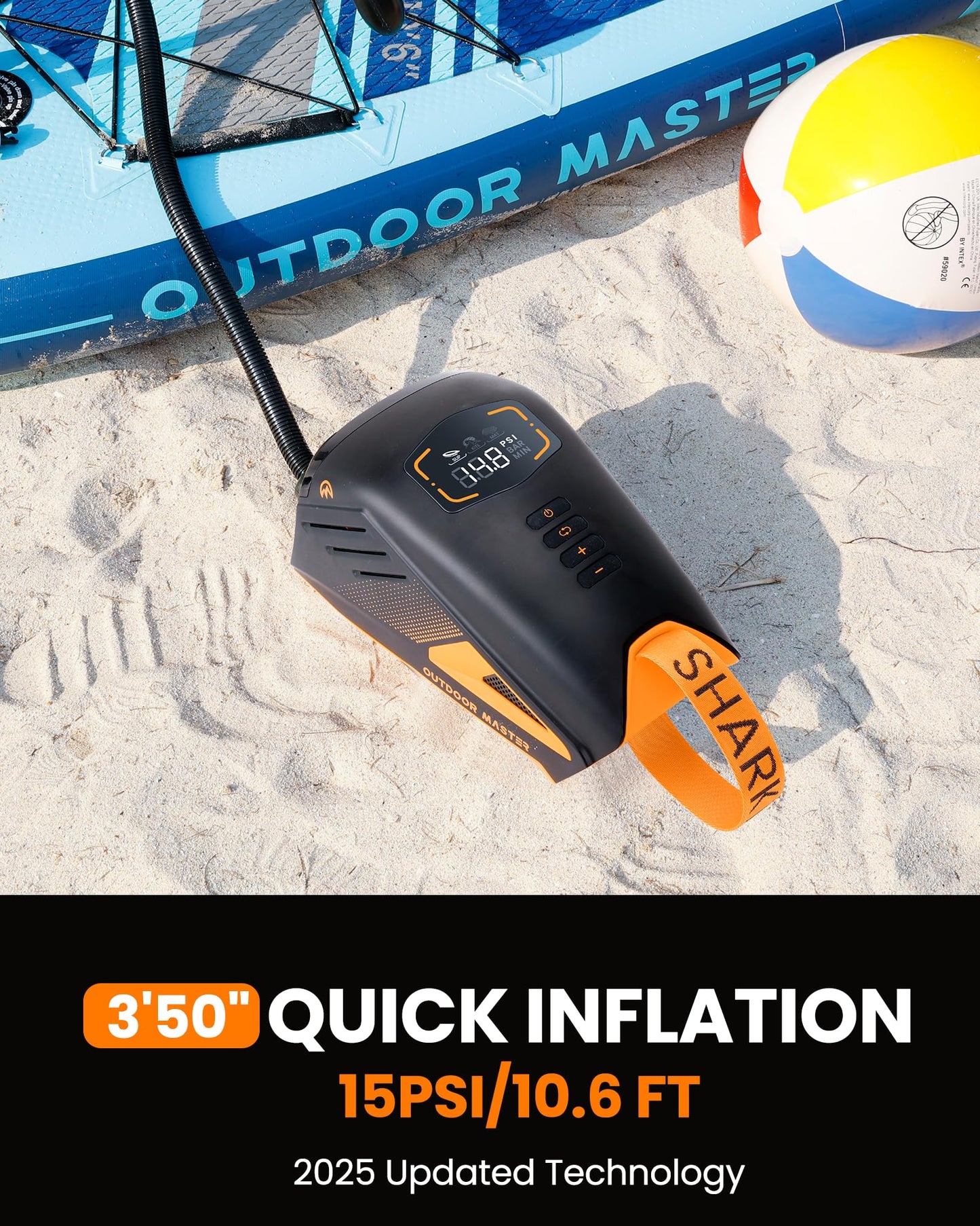 OutdoorMaster Shark 3 Paddle Board Pump Electric - 3'50" Fast Inflation, 20PSI 74Wh Rechargeable SUP Air Pump- Auto-Off & Deflation, 12V/15.8V DC & Type-C Input, 8 Nozzles for Inflatables, Boats,Kites