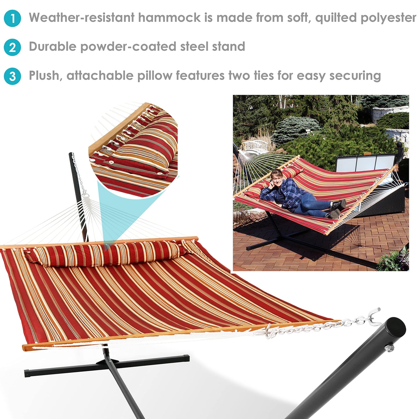 Sunnydaze Quilted Double Hammock with Stand for Outside - 400-Pound Capacity 2-Person Hammock with Stand - 15-Foot Stand - Red Stripe