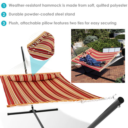 Sunnydaze Quilted Double Hammock with Stand for Outside - 400-Pound Capacity 2-Person Hammock with Stand - 15-Foot Stand - Red Stripe
