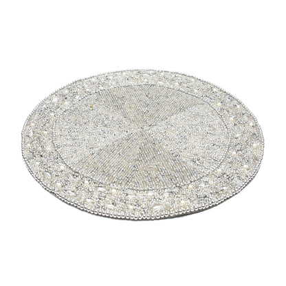 13" Round Beaded Placemat - Handcrafted Glass Beads in White Silver - Luxury Dining Table Decor, Wedding & Housewarming Gift, Holiday Use Pack of 1 by ALPHA Living HOME