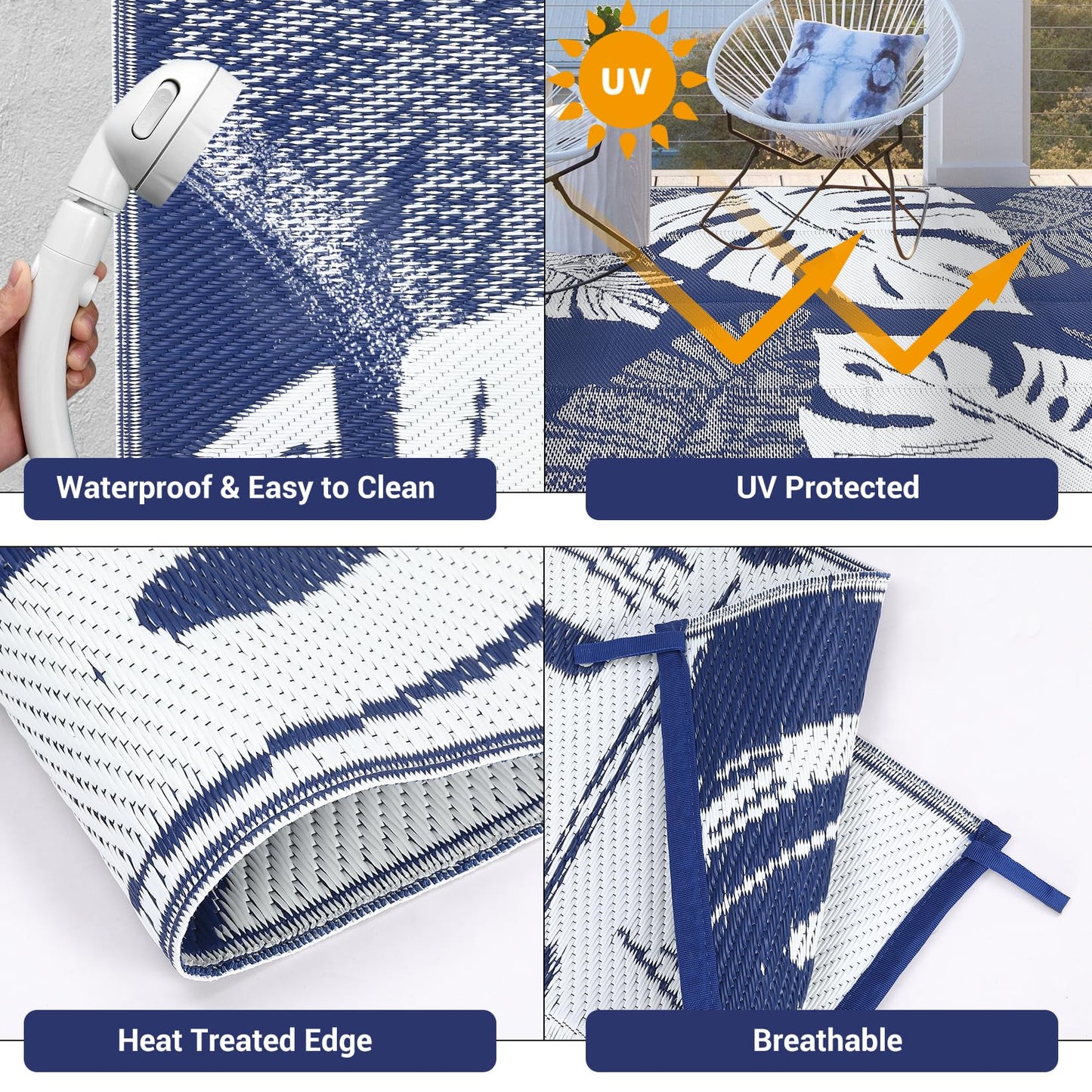 IDEALHOUSE Outdoor Rug 9x18 Ft, Waterproof Plastic Reversible Rug, Modern Leaf Pattern Plastic Camping Mat for Outdoors, RV, Patio, Backyard, Deck, Picnic, Beach, Traile(Dark Blue & White)