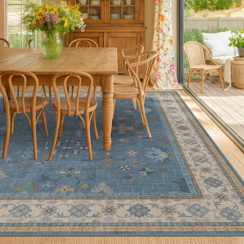 Hazo Haus Boho Accent Area Rug - Soft Washable 7x10 Dusky Blue for Living Room & Bedroom Decor