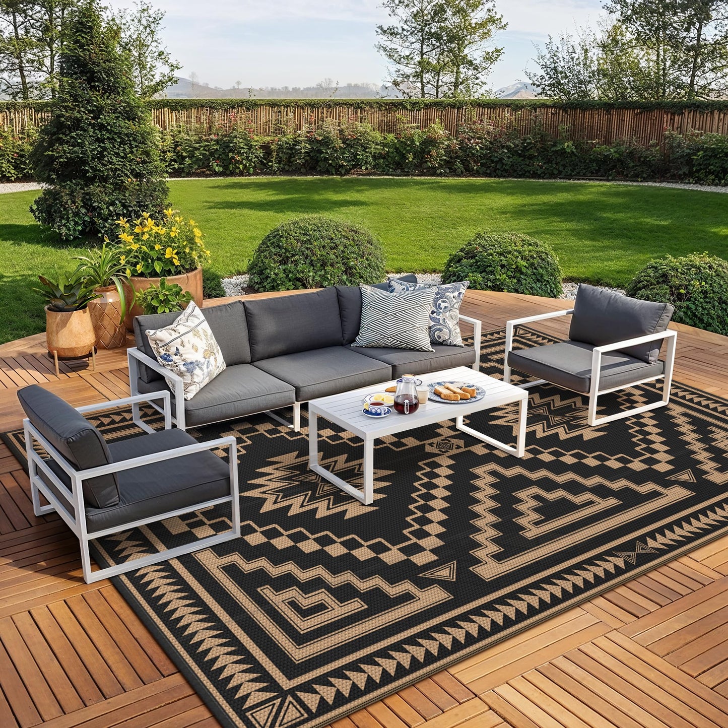 GENIMO Outdoor Rug for Patio Clearance - 10x14 ft Waterproof Plastic Camping Rugs, Reversible Outside Rv Mat Carpet for Porch, Deck, Picnic, Balcony, Beach, Backyard, Black Brown