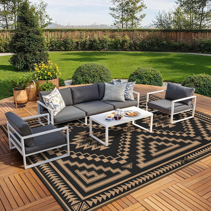 GENIMO Outdoor Rug for Patio Clearance - 10x14 ft Waterproof Plastic Camping Rugs, Reversible Outside Rv Mat Carpet for Porch, Deck, Picnic, Balcony, Beach, Backyard, Black Brown