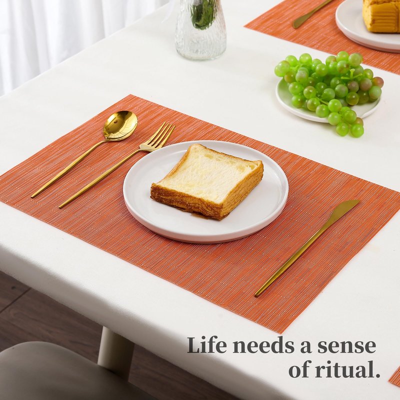 Leetaltree Orange Placemats Set of 12 - Heat Resistant Non-Slip Place mats for Dining Table, Washable Durable PVC Vinyl Woven Table Mats（Orange, 12）