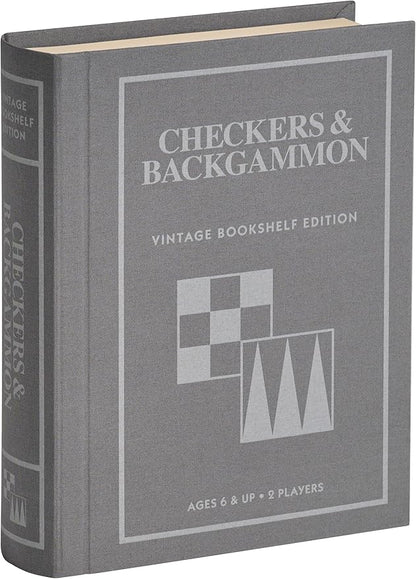 Checkers and Backgammon Vintage Bookshelf Edition by WS Game Company Linen Wrapped Book Box &amp Slipcase - Reversible Board Wooden Pieces - Checkers and Backgammon Sets for Adults &amp Kids Ages