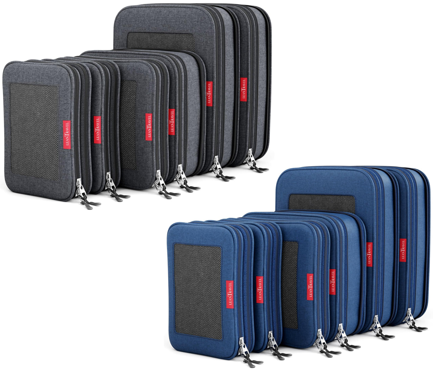 LeanTravel Compression Packing Cubes for Travel Organizers with Double Zipper (12-Pack Black-Blue)