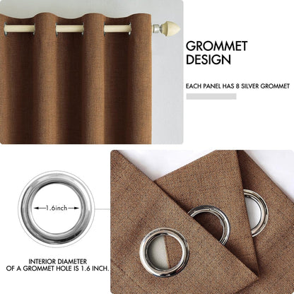 MIULEE Linen Curtains - 100% Blackout Thermal Insulated Drapes | Brown Grommet Room Darkening | 52 x 90 Inch (2 Panels)