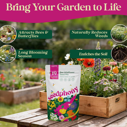 Seedphony 19 Bee Wildflower Seeds Mix - 100,000 Non-GMO Heirloom Seeds for Pollinators | 4oz Waterproof Packet