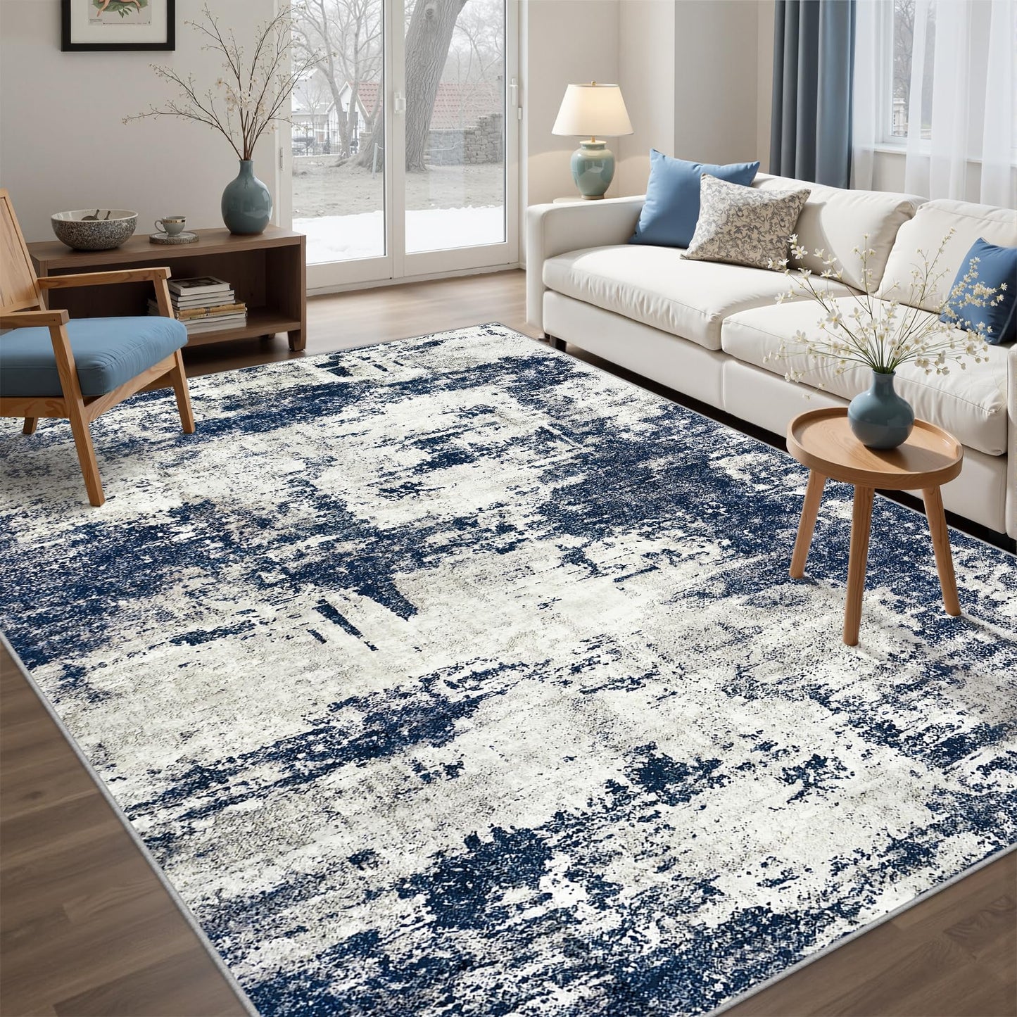 Area Rug Living Room Rugs: 5x7 Washable Rug with Anti-Slip Backing Non-Shedding Stain-Resistant Foldable Modern Abstract Carpet for Bedroom Dining Room Nursery Home Office - Gray/Blue