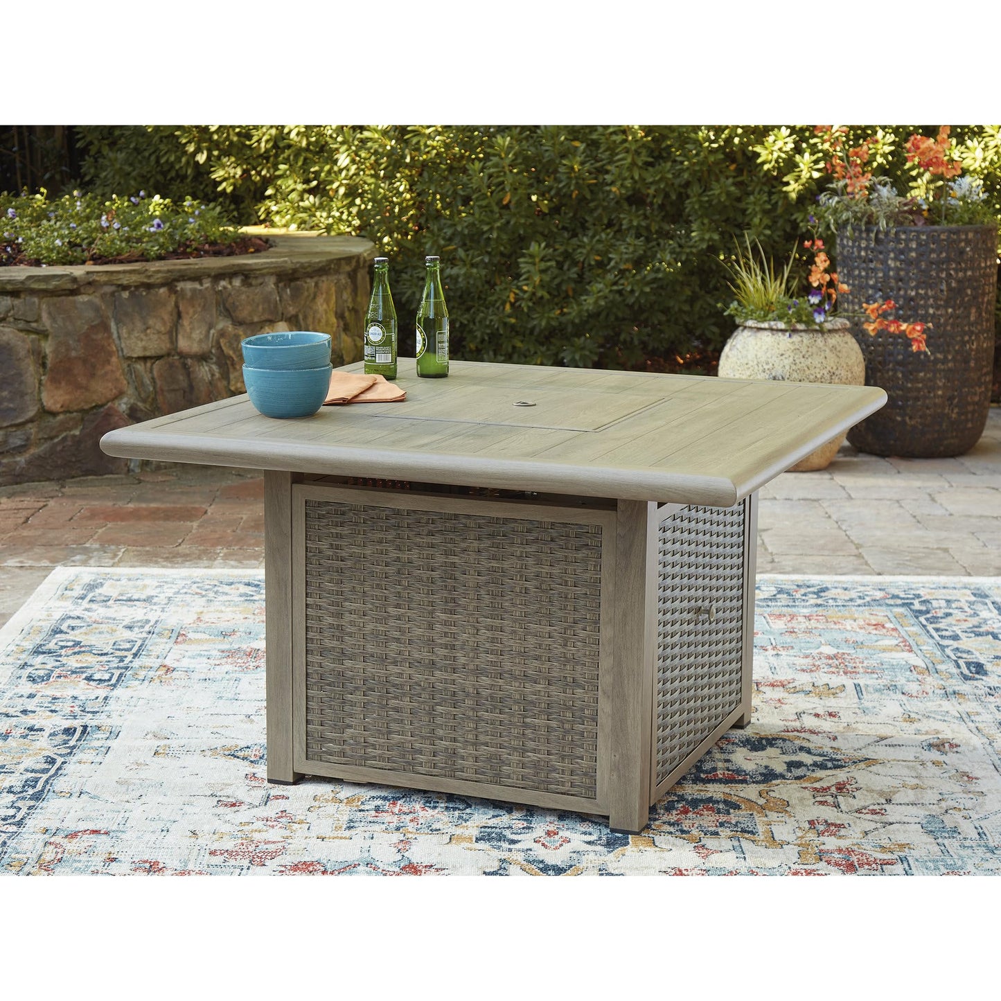 Signature Design by Ashley Haven Retreat Casual Weather Resistant Outdoor Fire Pit Table with 50,000 BTU Burner, Beige