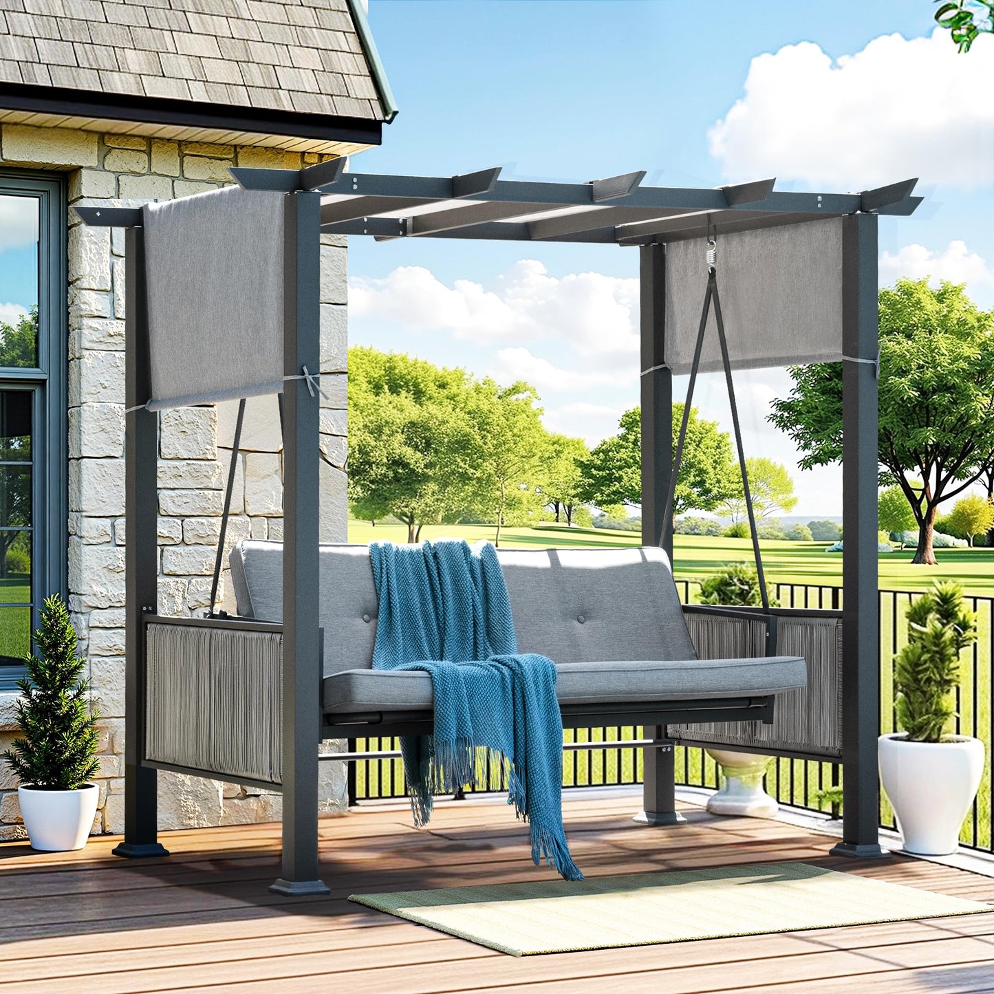 Pamapic 3-Seat Porch Swing with Stand, 990 LBS 2 in 1 Convertible Bed Patio Swings with Canopy Adjustable, Wicker Side Panel Swing Chair Outdoor with Cushion for Backyard, Porch, Garden (Gray)