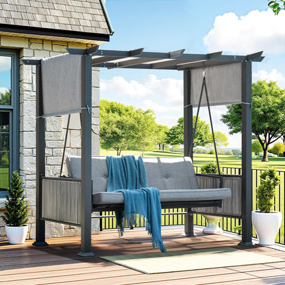 Pamapic 3-Seat Porch Swing with Stand, 990 LBS 2 in 1 Convertible Bed Patio Swings with Canopy Adjustable, Wicker Side Panel Swing Chair Outdoor with Cushion for Backyard, Porch, Garden (Gray)