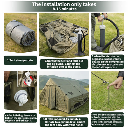 QIFA (129sq ft) 8-12 Person Large Luxury Inflatable Camping Tents with Stove Jack, Easy Setup Blow Up Tent with Hand Pump,Waterproof (Heavy-Duty) 600D Oxford Fabric for Adult 4 Seasons Khaki Green