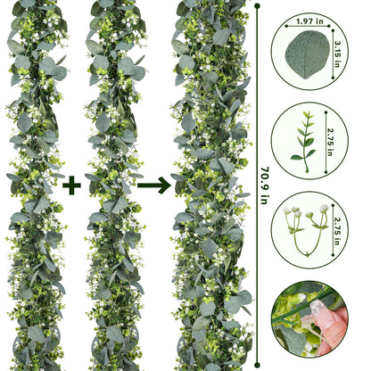 BonBloom's 8 Packs Artificial Eucalyptus Garland with White Flowers 5.9Ft Faux Greenery Garland Vines Spring Garlands for Bedroom Centerpieces Table Wedding Backdrop Arch Mantle Room Decor