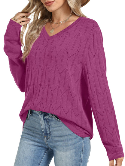OFEEFAN Womens Sweaters Long Sleeve Shirts Fall Outfits 2025 V Neck Soft Knit Pullover Trendy Tops Dressy Casual Blouses