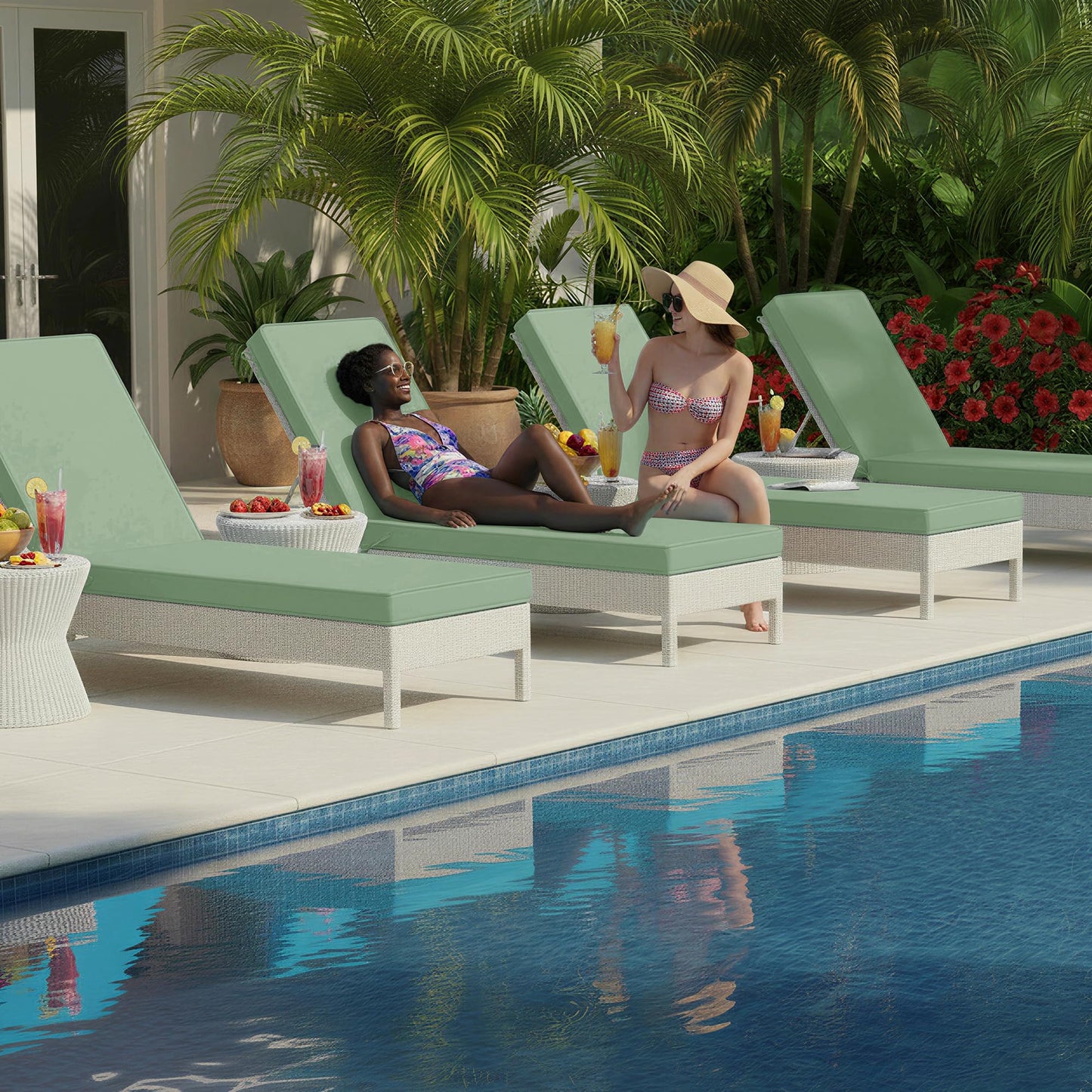 Summsun Chaise Lounge Cushions Outdoor Set of 4 - Waterproof and Fade Resistant Sun Lounger Replacement Cushions - Patio Lounger Pads with Removable Cover for Pool, Deck, 80 x 26 x 3 Inch, Sage Green