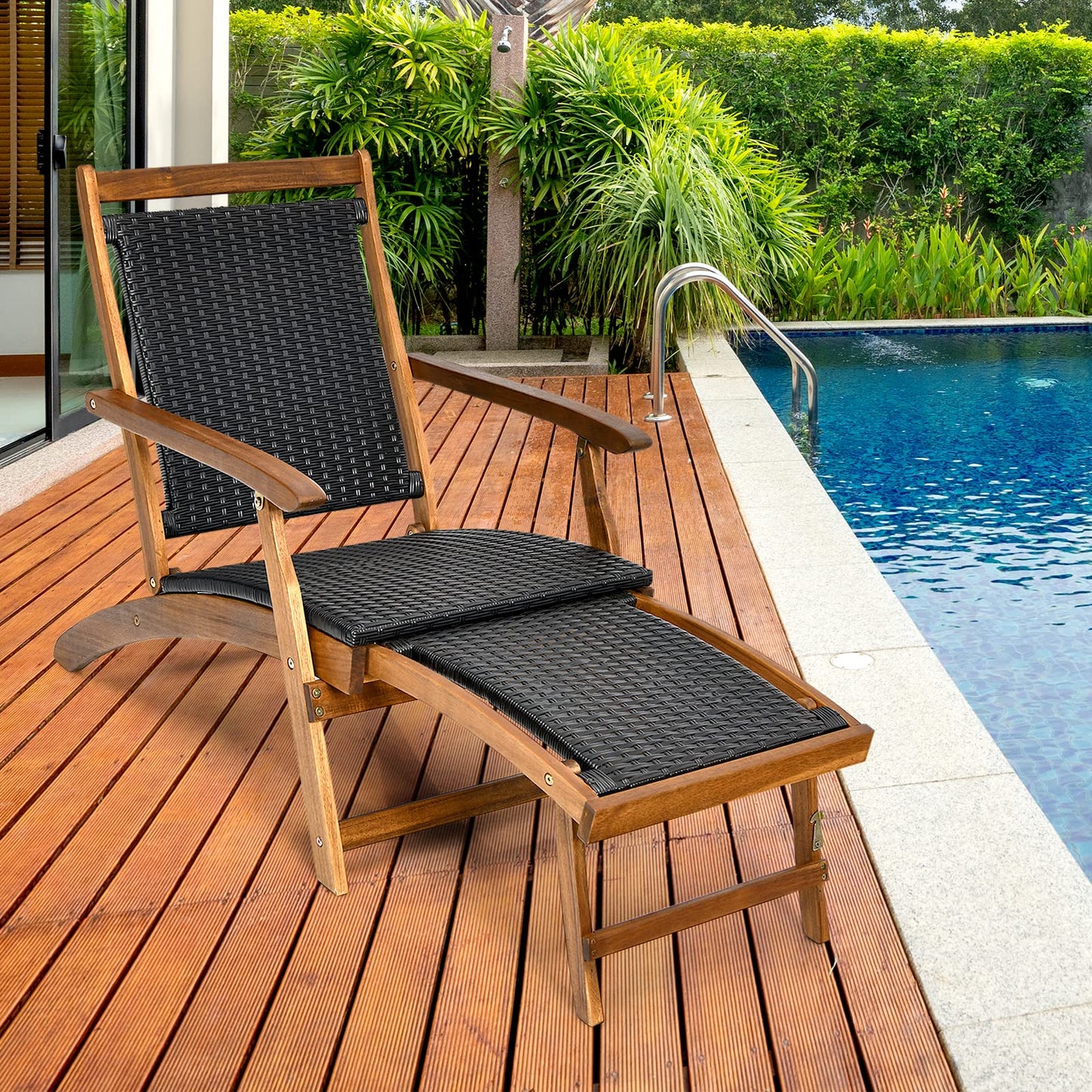 COSTWAY Patio Folding Rattan Lounge Chair, Acacia Solid Wood Frame, Low Deck Chair with Convenient Retractable Footrest, 24” x 51.5” x 32.5”