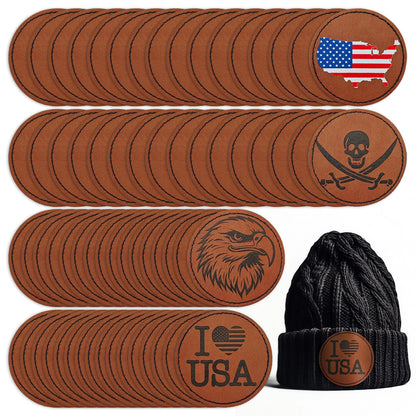 Harsgs 64PCS Blank Leatherette Hat Patches, Retangle Laserable Rustic Leatherette Patch with Adhesive for Heat Press/Transfer Iron-on, Round Light Brown