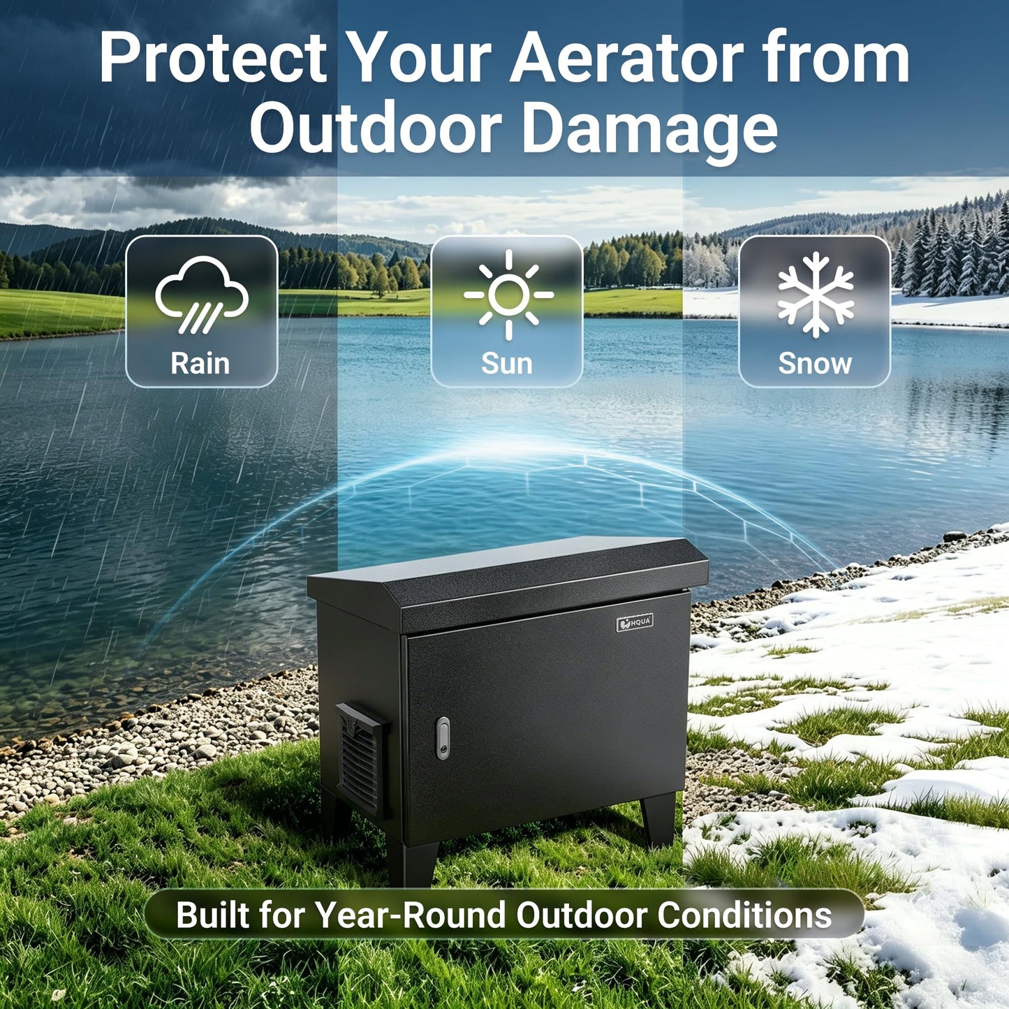 HQUA Pond Aerator Pump Cover Cabinet, Weatherproof Outdoor Protection System with Cooling Fan, Pre-Wired Outlet & 10 ft Power Cord, Galvanized Steel Enclosure 19”W × 14”D × 18.5”H