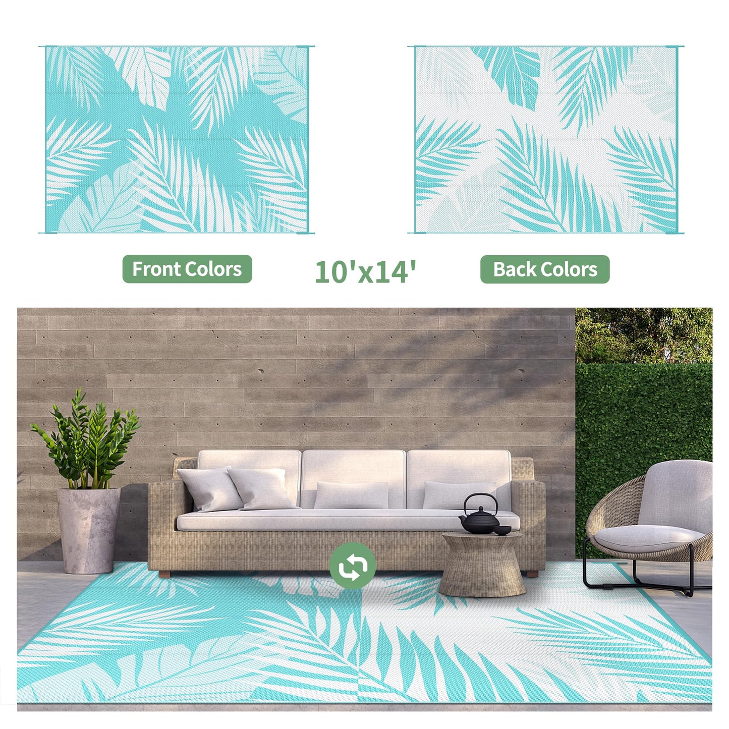 GENIMO Outdoor Rug 10' x 14' Waterproof for Patios Clearance, Reversible Outdoor Plastic Straw Camping Rug Carpet, Large Area Rugs Mats for RV, Camper, Deck, Balcony, Porch, Beach, Aqua Blue&White