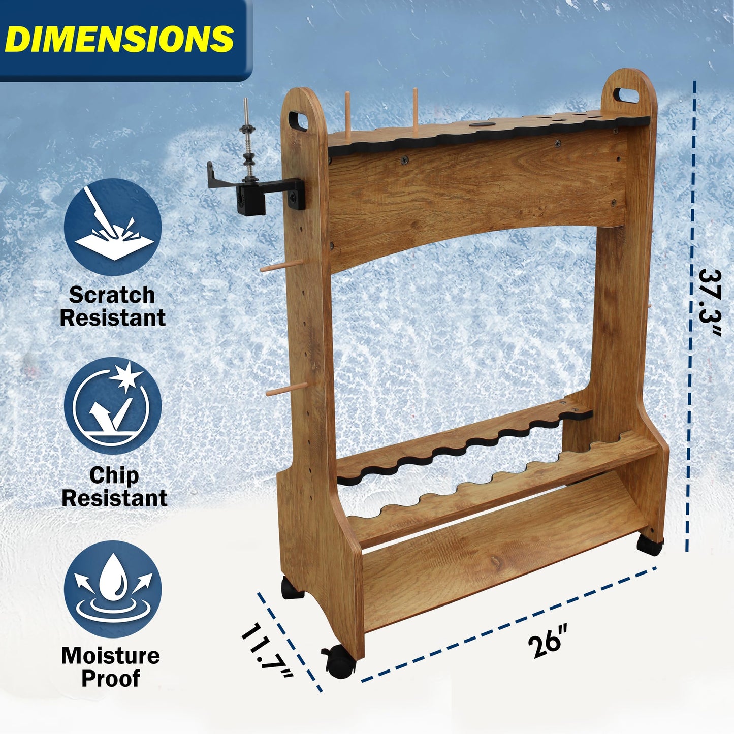 Rush Creek Creations 16-Rod Rolling Fishing Rod Rack with Line Spooler – Tackle Storage, Tool Holder, Lure & Line Organizer, Accessory Pegs – Portable Gear Station for Anglers
