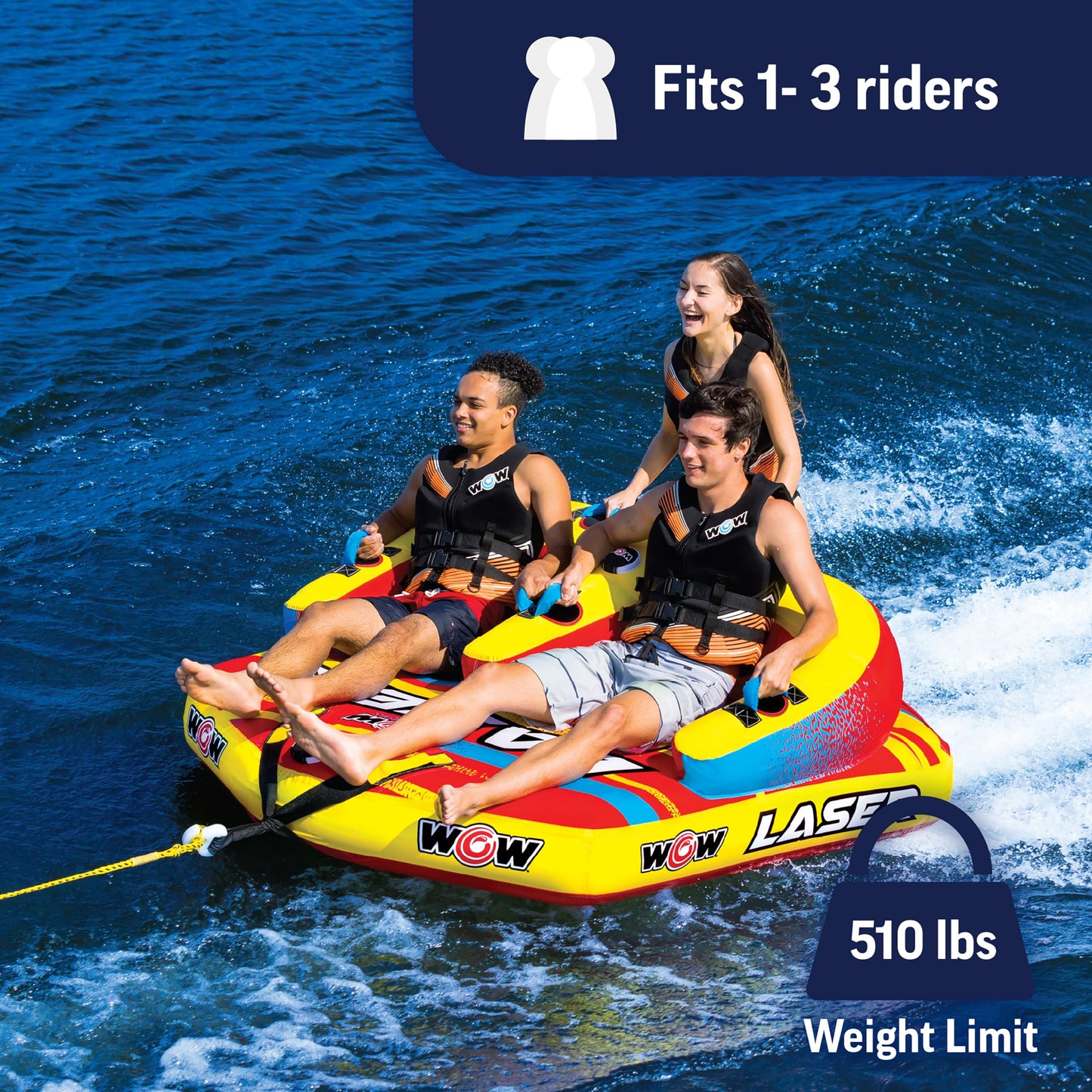 Wow Sports Laser Towable Tube - 1-3 Person - 510 lb Capacity - for Boating - Youth & Adults