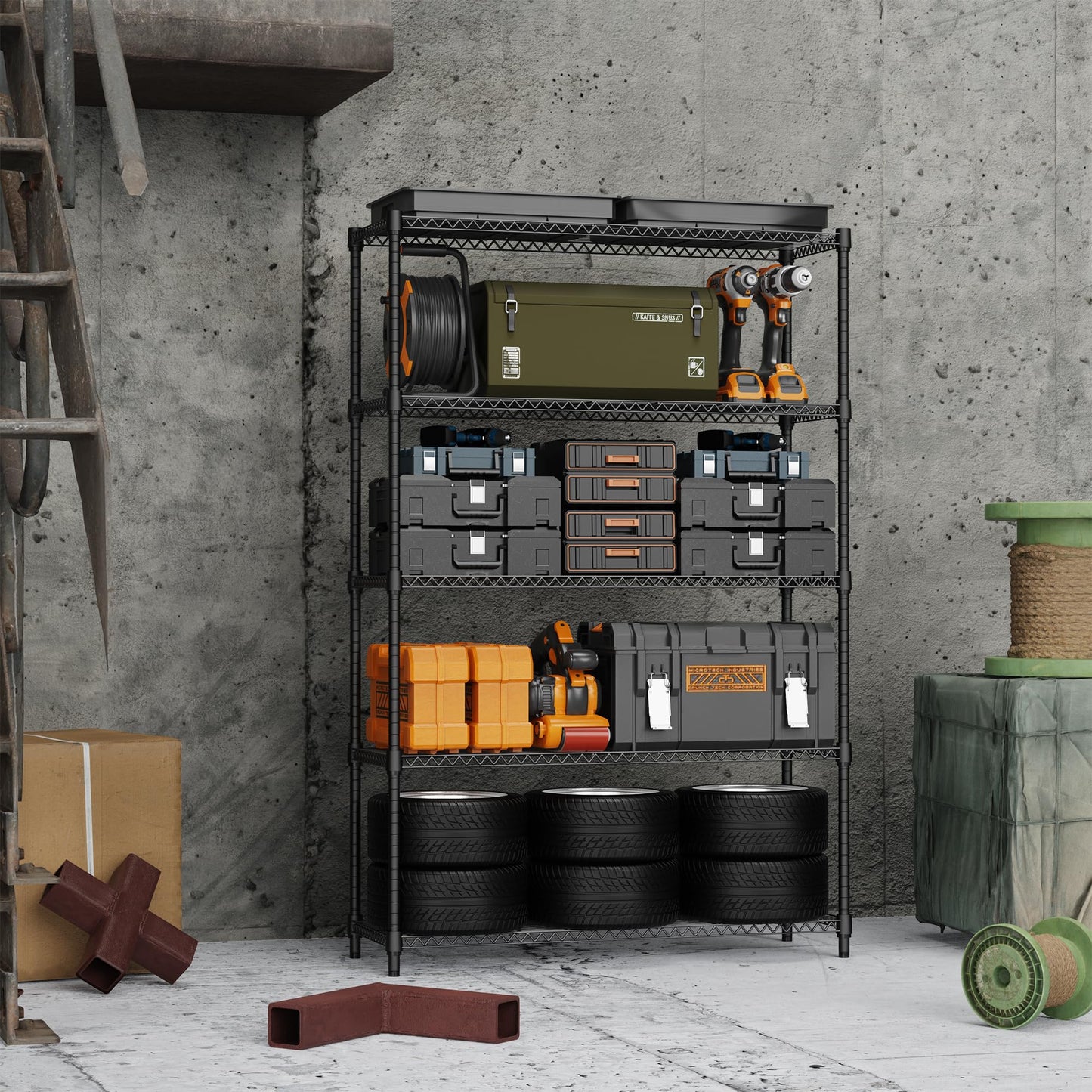 M MZG 5 Tiers Shelf Metal Storage Shelves Standing 1750 LBs Household Shelf Organizer for Kitchen Pantry Closet Garage Basement Utility Room, Black15.7 D x 45.3" W x 70.4" H
