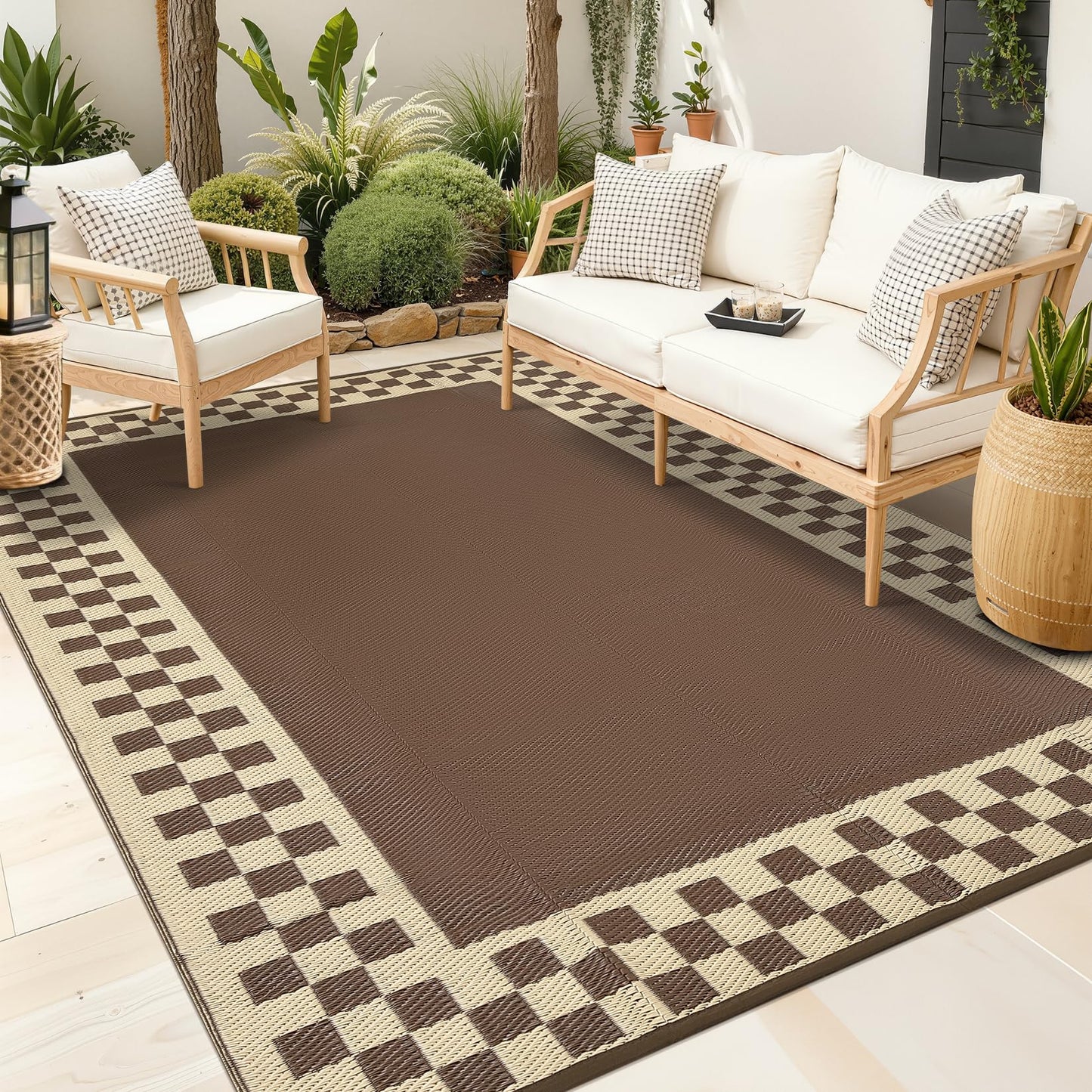 GAOMON Patio Modern Checkered Outdoor Rug 10x14 Waterproof Large Reversible Camping Mat Foldable Lightweight Plastic Straw Outdoor Rug for Deck, Picnic, Porch, Camper, Balcony, Beach, Rv, Brown