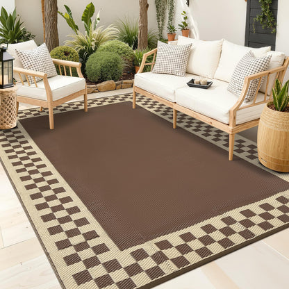 GAOMON Patio Modern Checkered Outdoor Rug 10x14 Waterproof Large Reversible Camping Mat Foldable Lightweight Plastic Straw Outdoor Rug for Deck, Picnic, Porch, Camper, Balcony, Beach, Rv, Brown