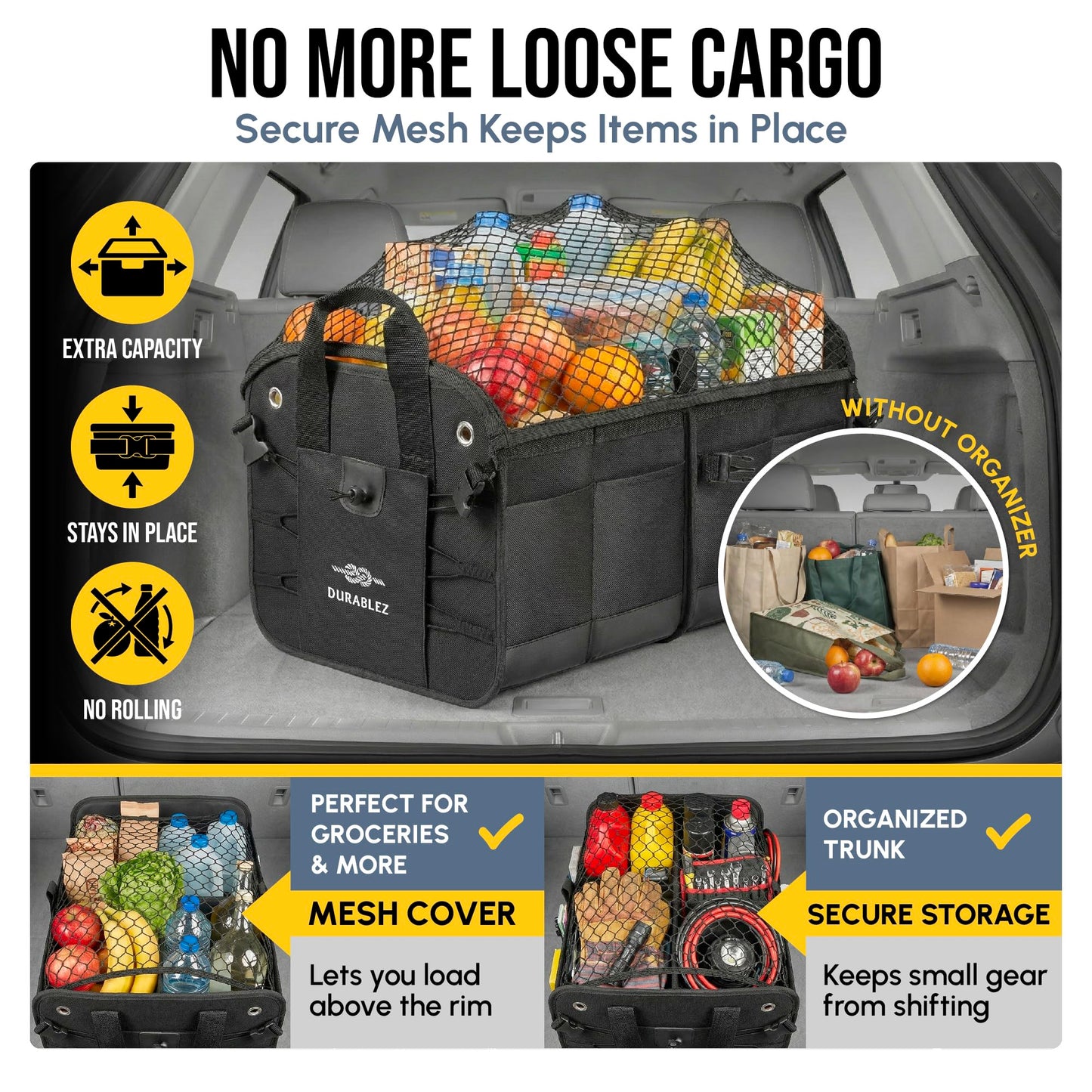 DURABLEZ Trunk Organizer 5-Section Modular XL Car Storage System – Extra Large Cargo Organizer for Car Trunk, Foldable Multi-Compartment Auto Organizer, Heavy Duty Oxford 1680D – Black