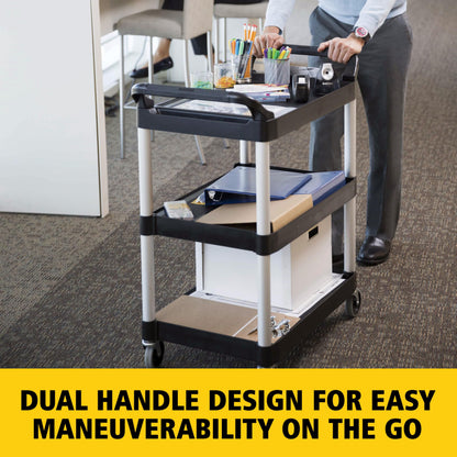 Rubbermaid Commercial Products Heavy Duty 3-Shelf Rolling Service/Utility/Push Cart, 200 lbs. Capacity, Black, for Foodservice/Restaurant/Cleaning/Warehouse/Garage