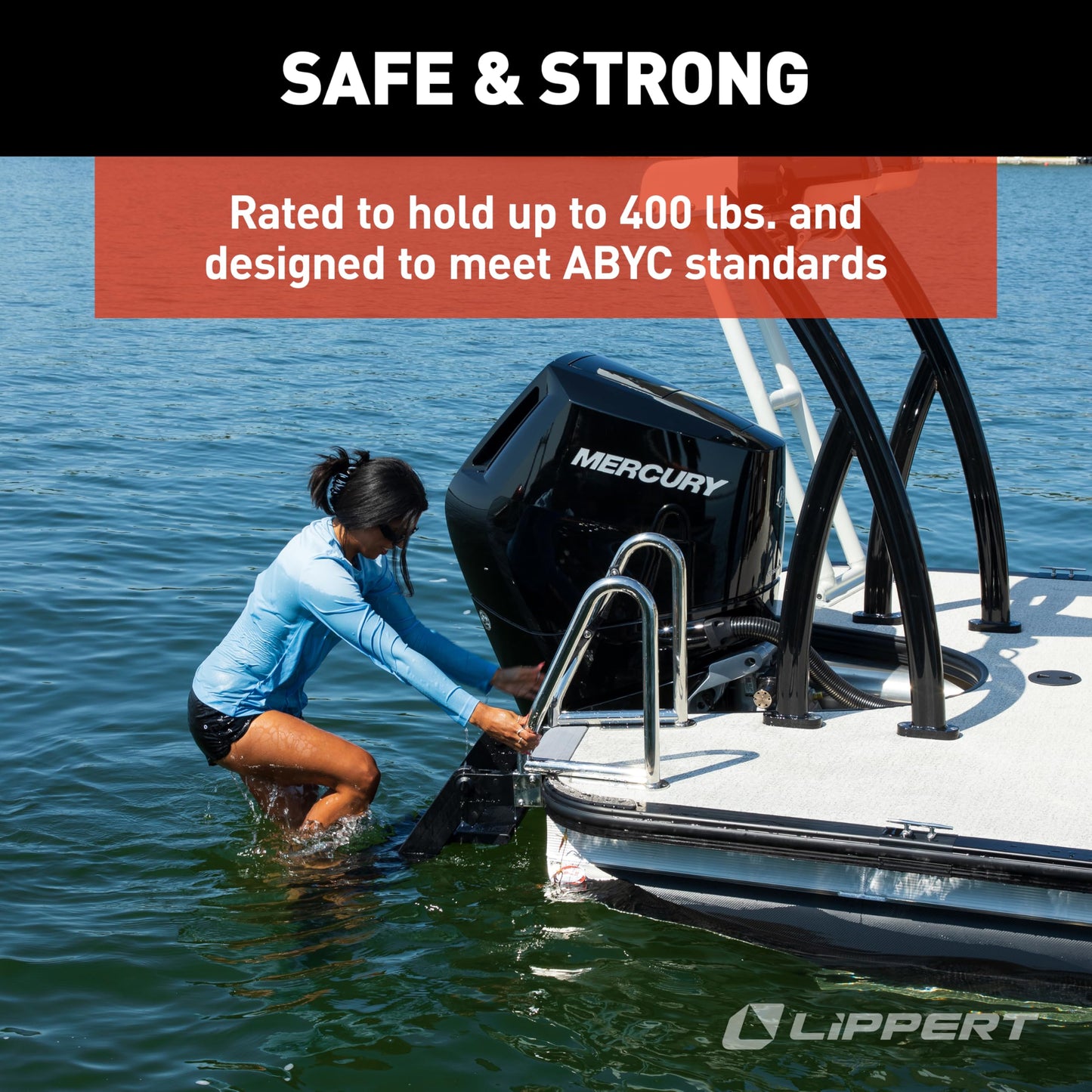 Lippert SureStep Pontoon Ladder for Boats, Slip-Resistant Steps, Easy Boarding for Kids & Dogs, Stainless Steel Handrails, Powder-Coated Aluminum Steps, Saltwater Rated - 2025041871