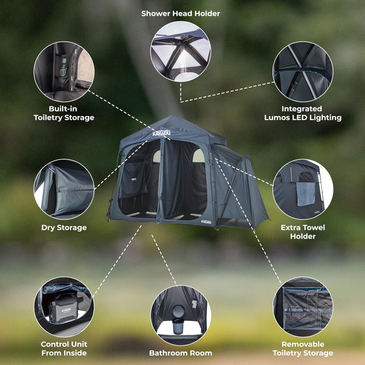Kakadu Outback Shower Tent Deluxe, Triple Room Portable Privacy Shelter, Outdoor Camping Toilet Tent, Changing Room, Sturdy, Easy Setup - with LED Light, Carry Bag, Towel Rod