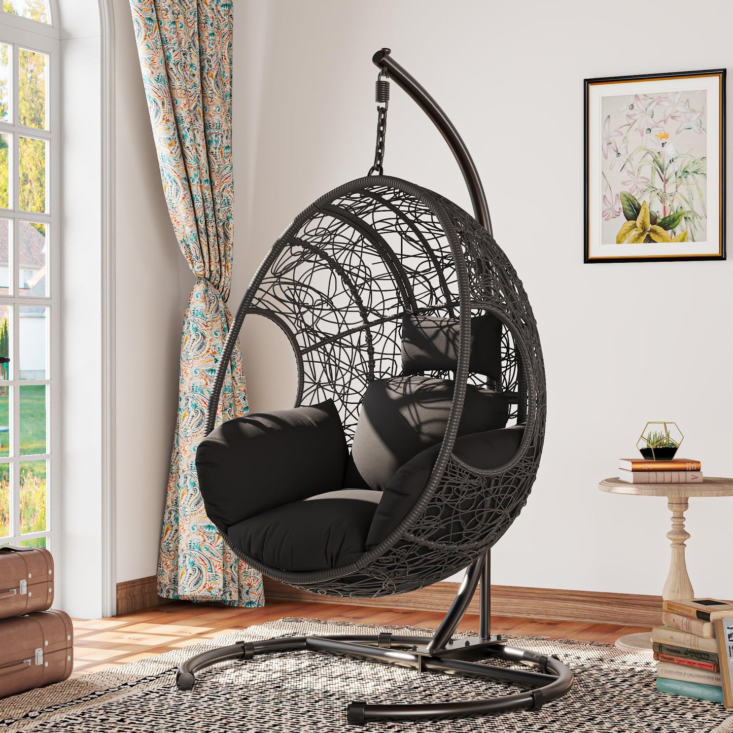 KEIKI Hanging Egg Chair with Stand Outdoor, 400LBS Capacity Patio Swing Chair with Cushion, Weatherproof PE Rattan Hammock Chair for Bedroom Balcony Garden, Waterproof Cover Included, Grey
