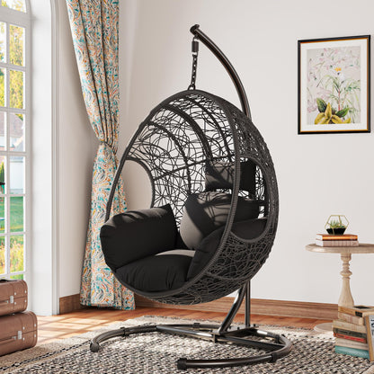 KEIKI Hanging Egg Chair with Stand Outdoor, 400LBS Capacity Patio Swing Chair with Cushion, Weatherproof PE Rattan Hammock Chair for Bedroom Balcony Garden, Waterproof Cover Included, Grey