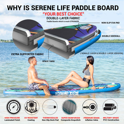 SereneLife Inflatable Stand Up Paddle Board - Wide Stable Design, Non-Slip Deck for Adults & Youth with Premium Paddle Board Accessories: Carry Bag, Dual Action Pump, Paddle, Ankle Leash - 10'6"